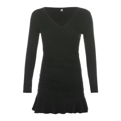 European Womens Fashion 2025 FW VNeck Ruffle Slimming Long S