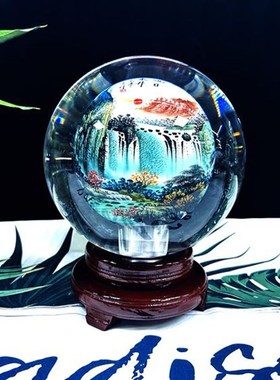 高档手工内画水晶球摆件万里长城牡丹山水大展宏图龙办公装饰中式