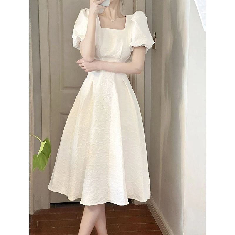 6615#French first love white long skirt summer womens squar图片