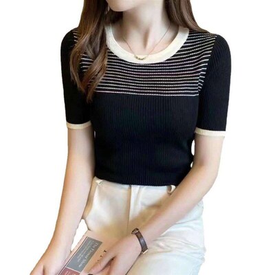 Summer New Fashion Simple Round Neck Striped Slim-fit Sweate