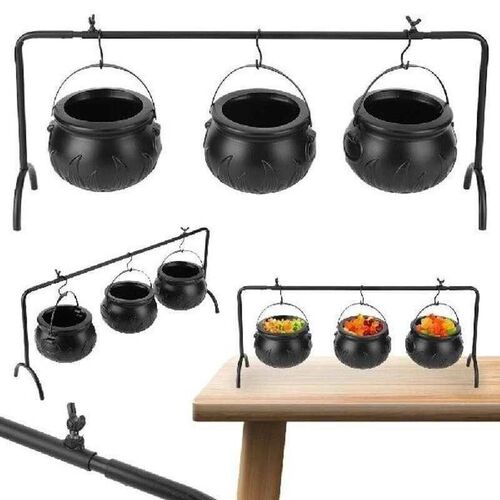 Set of 3 Witches Cauldron Serving Bowls on Rack Halloween