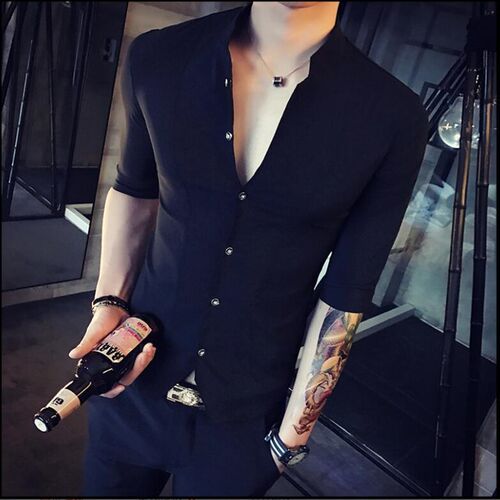 Mens Stand-up Collar Shirt 2021 Summer New Mens Fashion Sl