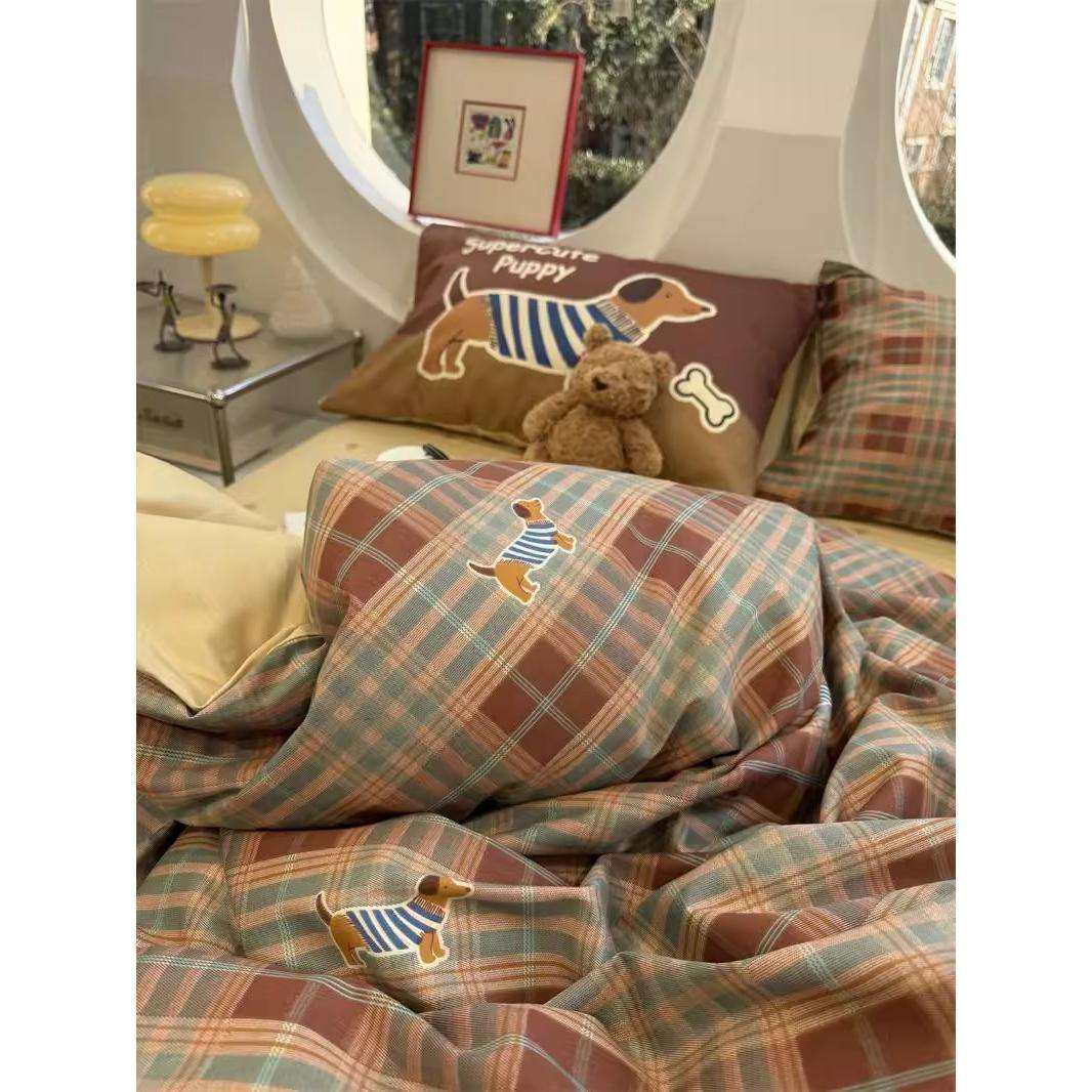 美拉德红棕格子小狗床上四件套全棉纯棉1.5m1.8米被套床单三件套,3C数码配件,其它配件,淘宝优惠券,粉丝福利购,淘宝优惠卷