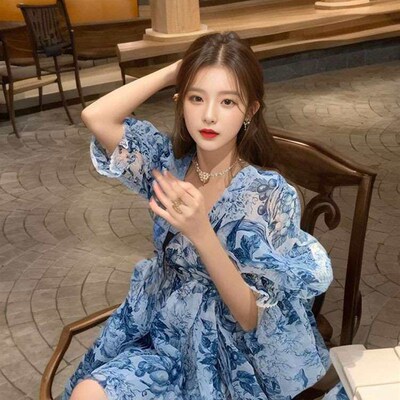 Summer New Arrival Petite French Style Retro Puff Sleeve Dre