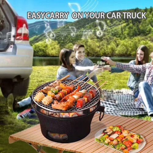 Circular Outdoor Charcoal Grill, Portable Cast Iron BBQ with