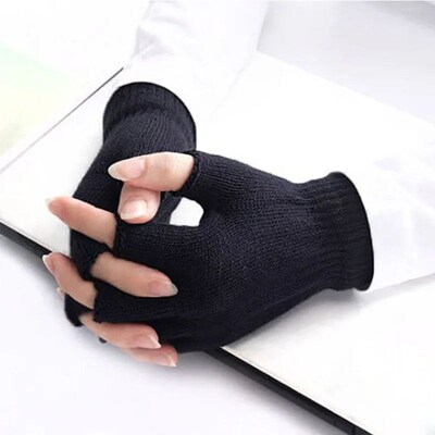1Pair Unisex Black Half Finger Fingerless Gloves for Women a