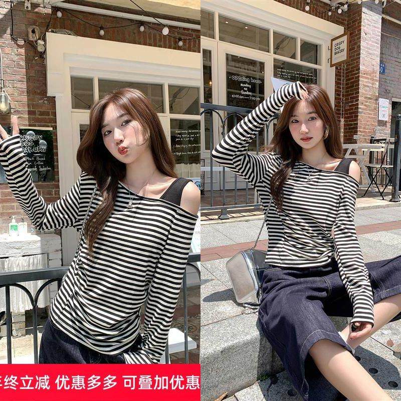 复古撞色条纹斜肩长袖t恤女2025早秋新款修身显瘦内搭打底衫上衣,女装/女士精品,T恤,淘宝优惠券,粉丝福利购,淘宝优惠卷