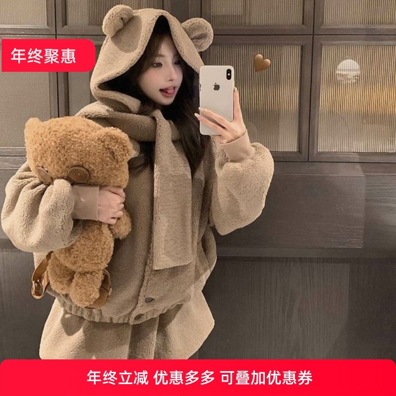 冬天套装女新款2025年奶咖羊羔毛连帽加厚外套高腰花苞短裙,女装/女士精品,时尚套装,淘宝优惠券,粉丝福利购,淘宝优惠卷