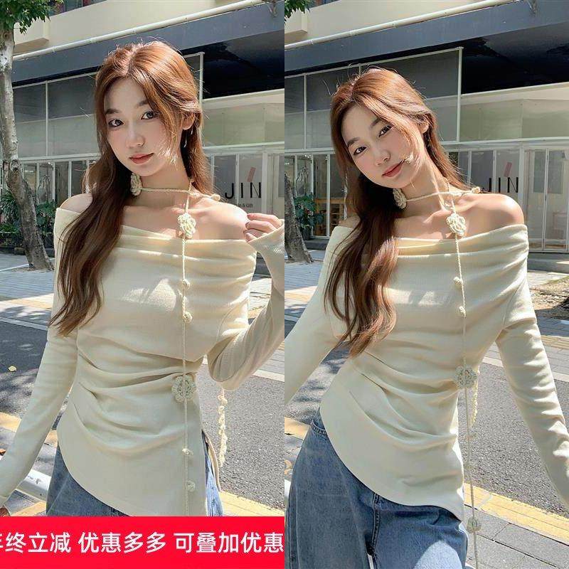 小众设计感一字领立体玫瑰系带长袖t恤女秋季新款褶皱收腰小上衣,女装/女士精品,T恤,淘宝优惠券,粉丝福利购,淘宝优惠卷