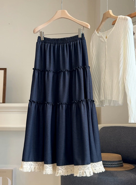蕾丝拼接深蓝色仿牛仔半身裙女秋25新款宽松百搭中长流苏A字伞裙