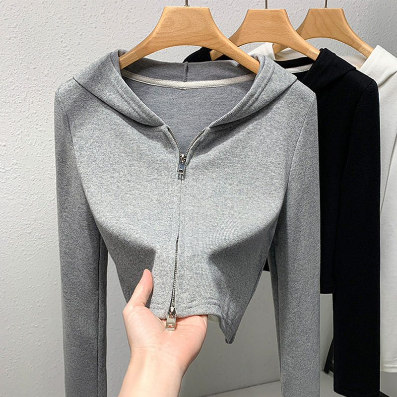 拉链连帽卫衣女灰色v领长袖小个子短款休闲外套春秋2025新款女装