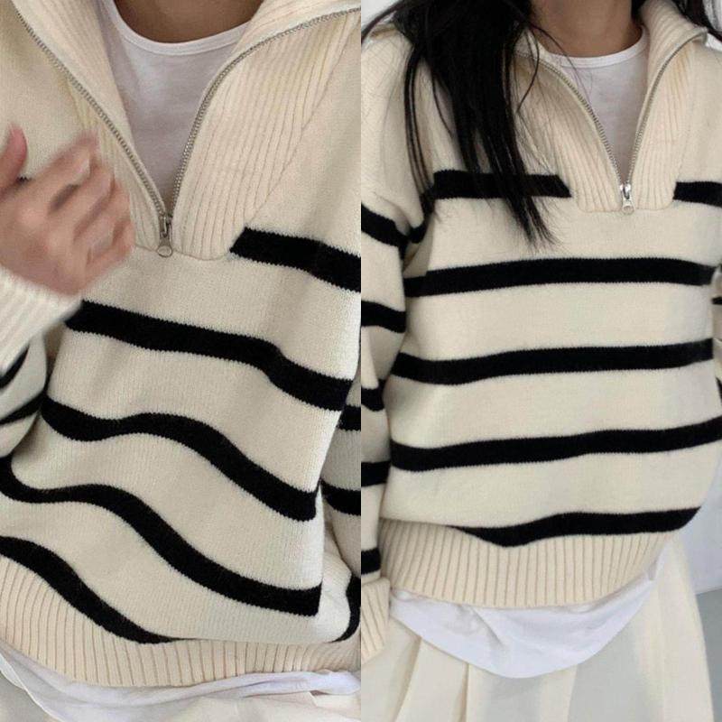 韩国hi秋冬休闲慵懒风翻领拉链条纹设计宽松时尚套头针织毛衣女,女装/女士精品,毛针织衫,淘宝优惠券,粉丝福利购,淘宝优惠卷