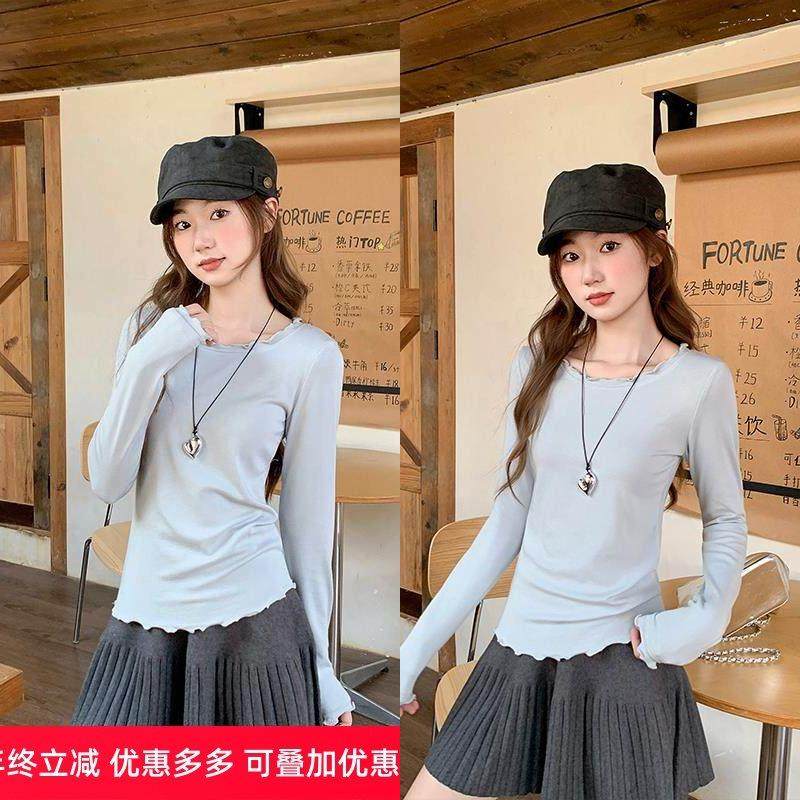 简约内搭打底衫女木耳边秋冬新款修身显瘦长袖t恤正肩百搭小上衣,女装/女士精品,T恤,淘宝优惠券,粉丝福利购,淘宝优惠卷
