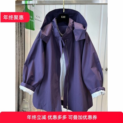 高级感紫工装风连帽冲锋衣女