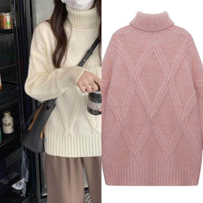 粉色麻花高领毛衣女秋冬加厚宽松外穿复古日系慵懒风打底内搭洋气,女装/女士精品,毛衣,淘宝优惠券,粉丝福利购,淘宝优惠卷
