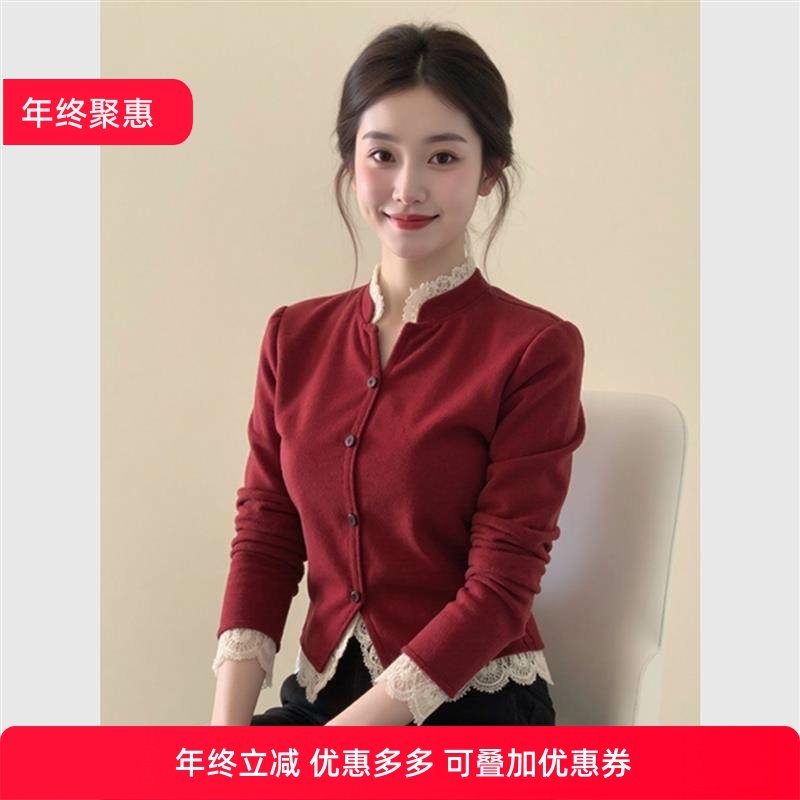 新中式国风女装红色蕾丝边拼接丝绒上衣26冬新款显瘦内搭气质外套,女装/女士精品,汉服上装,淘宝优惠券,粉丝福利购,淘宝优惠卷