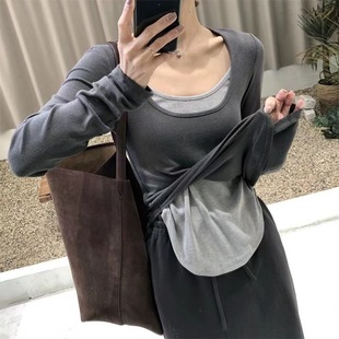 时尚不规则假两件拼色秋冬百搭长袖恤女修身打底衫加绒打底上衣