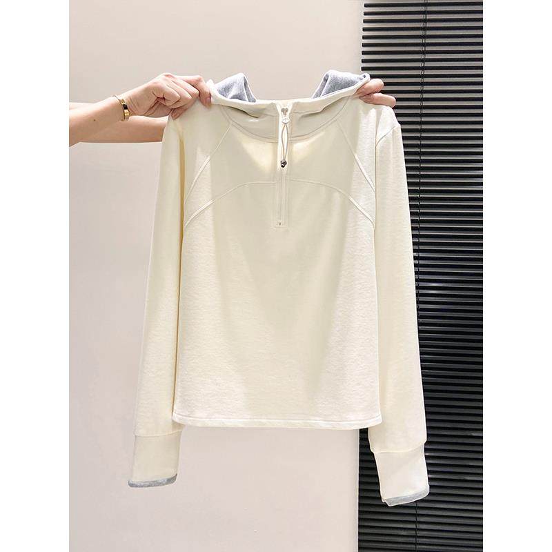 连帽半拉链撞色加绒长袖卫衣女冬季新款设计感修身显瘦打底衫上衣