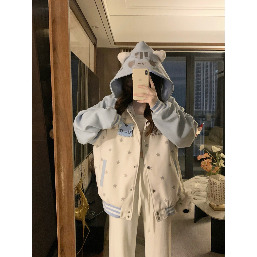 实拍 秋冬甜美百搭棒球服夹克可爱猫咪魔术贴撞色连帽外套女,女装/女士精品,短外套,淘宝优惠券,粉丝福利购,淘宝优惠卷