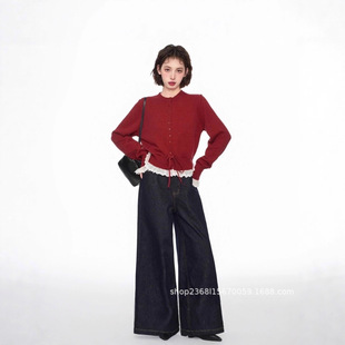 针织开衫新款韩系甜美荷叶边蕾丝拼接毛衣系带收腰设计宽松短毛衣