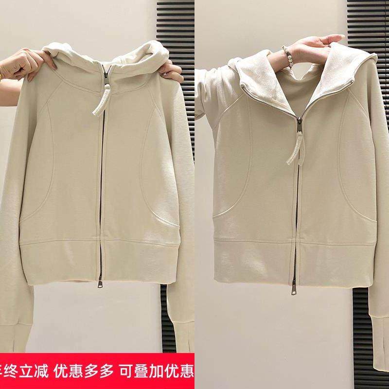 秋冬新款连帽卫衣开衫外套女修身显瘦短款双拉链加绒休闲保暖上衣