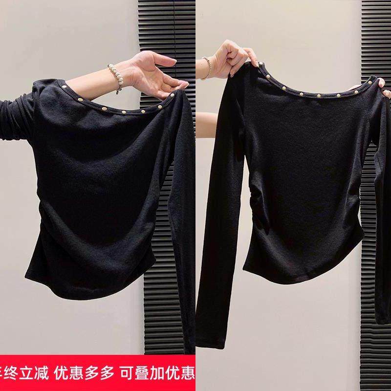 辣妹斜领黑色长袖t恤女2025秋冬新款露肩修身短款打底衫外穿上衣,女装/女士精品,T恤,淘宝优惠券,粉丝福利购,淘宝优惠卷
