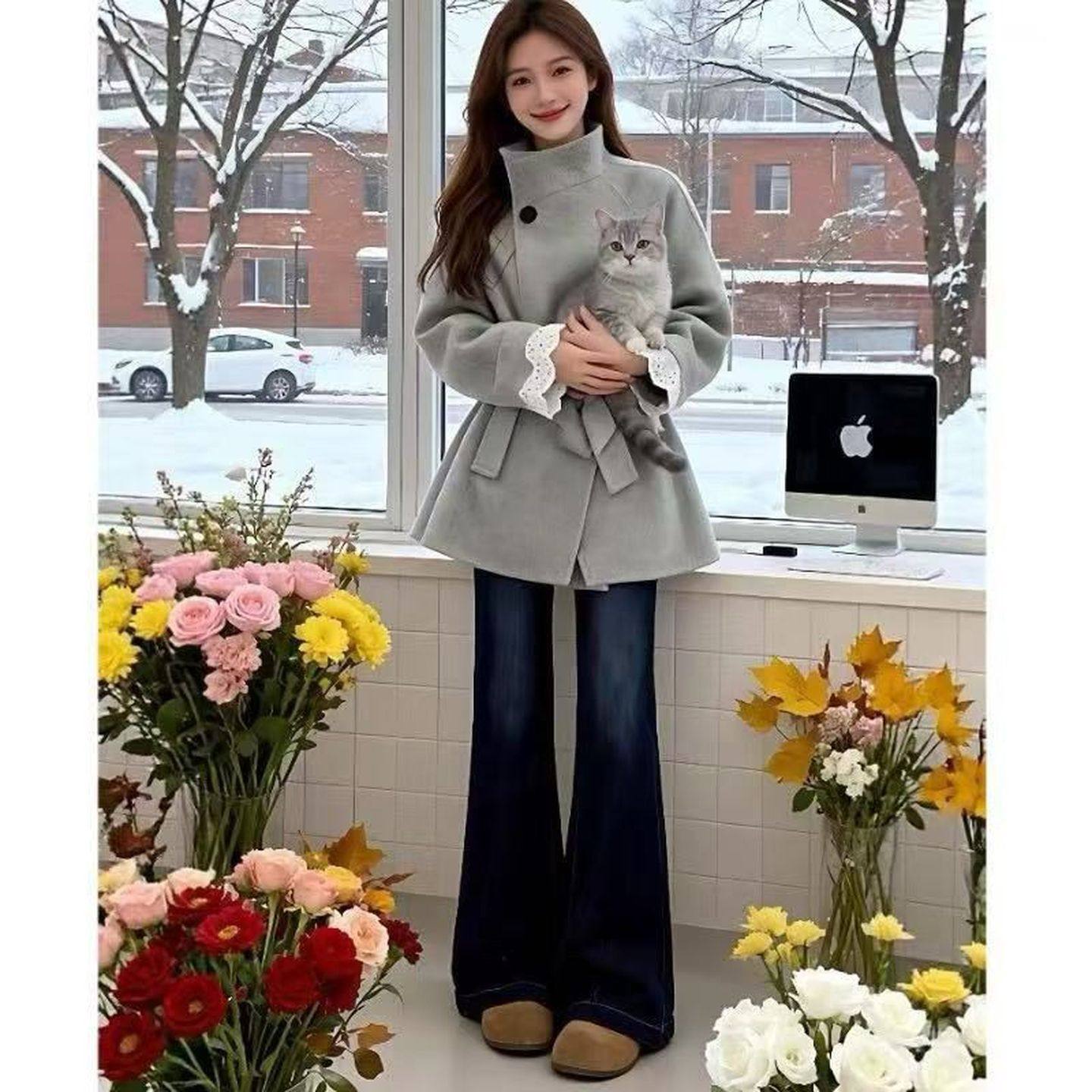 秋冬新款立领加棉加厚呢子大衣韩版宽松小个子收腰减龄毛呢外套女