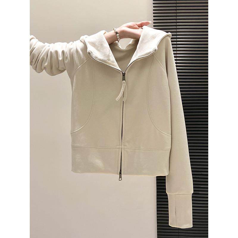 德绒连帽长袖卫衣开衫女秋冬2025新款修身加绒双拉链短款外套上衣