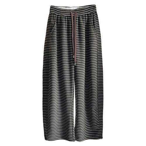 加绒加厚糯米毛巾细条纹阔腿裤女秋冬日韩宽松拖地直筒休闲弯刀裤