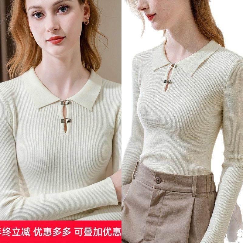 POLO领针织打底衫女2025新款女装洋气金属扣长袖套头毛衣内搭上衣,女装/女士精品,POLO衫,淘宝优惠券,粉丝福利购,淘宝优惠卷
