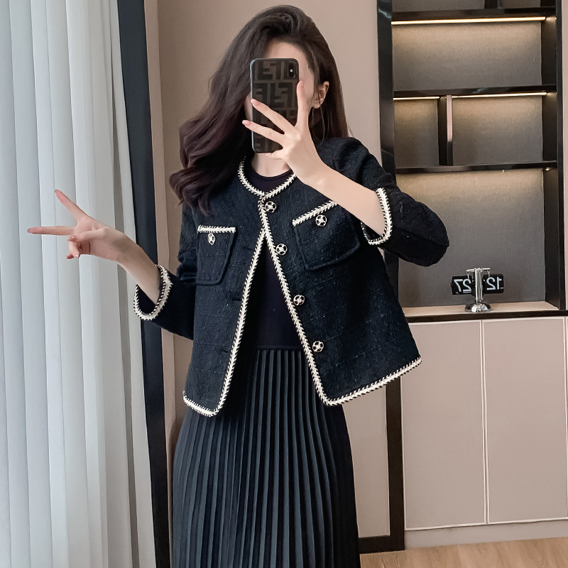 实拍黑色小香风外套女秋冬新款高级感小个子法式名媛修身气质短款,女装/女士精品,短外套,淘宝优惠券,粉丝福利购,淘宝优惠卷