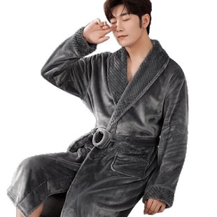 睡袍男珊瑚绒睡衣加绒加厚浴衣浴袍法兰绒宽松家居服加长保暖晨袍