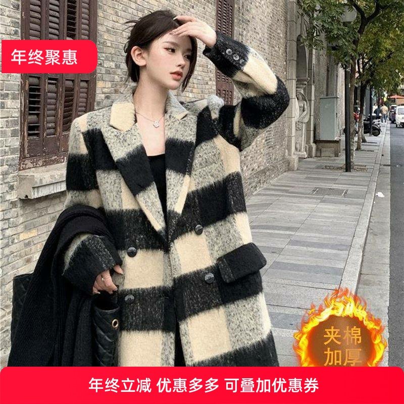 复古气质韩系高级设计感毛呢外套夹棉格子中长款呢大衣女秋冬新款,女装/女士精品,毛呢外套,淘宝优惠券,粉丝福利购,淘宝优惠卷