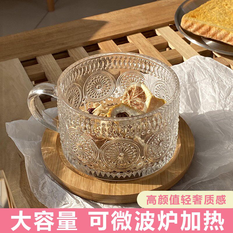 可微波炉加热耐高温玻璃杯大容量早餐杯带盖勺牛奶杯燕麦杯麦片碗