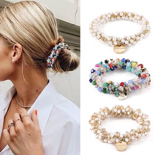 1pc Women Crystal Pearls Hair Rope Handmade Elastic Beaded t