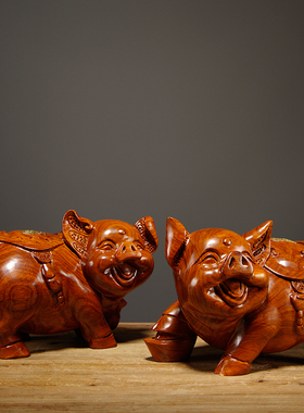 花梨木雕猪摆件实木十二生肖可爱猪工艺品家居装饰客厅办公室摆设