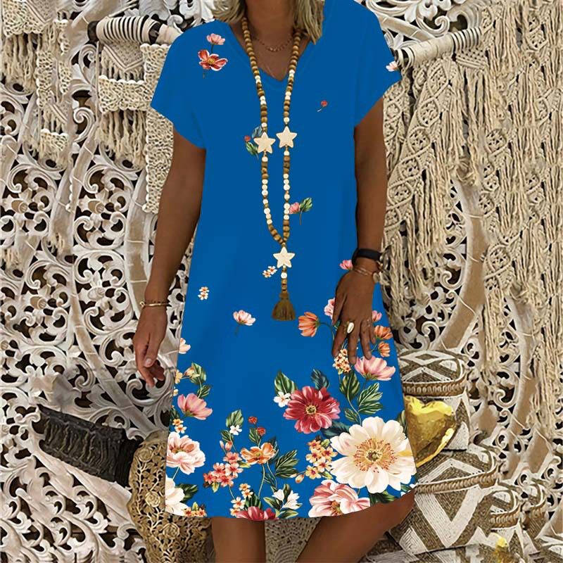Womens New Short Sleeve Round Neck Dress  Summer Flower图片