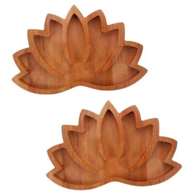 2Pcs Wooden Lotus Shape Crystal Display Tray Set Retro