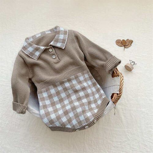 Spring Babys Plaid Lapel Knitted Sweater Jumpsuit for Boys