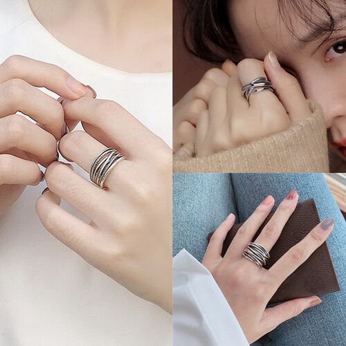 Silver Color Vintage Layered Womens Open Rings Adjustable L