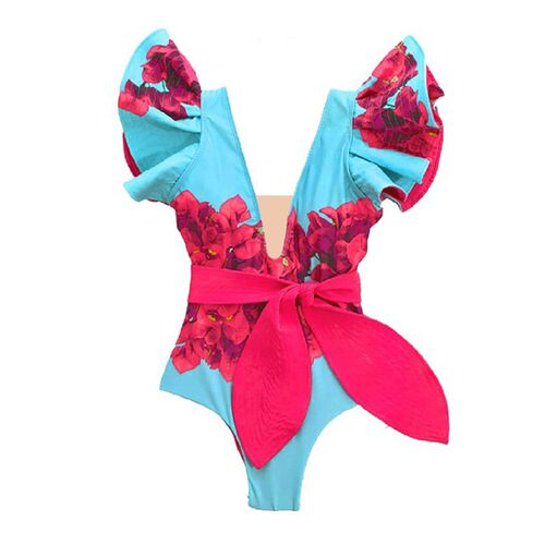 Fashion Floral Print Ruffle Colorblock One-Piece Swimsuit Vi