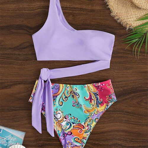 Printed Split Swimwear 2025 High Waist Bikini One Shoulder S