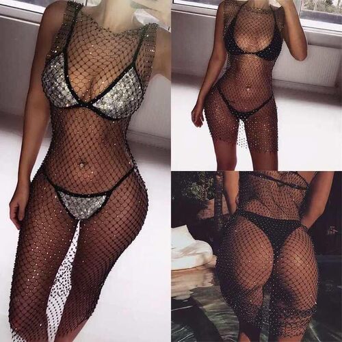 Fishnet Diamond Beach ver Up Women Bikini Crystal ver-ups Dr