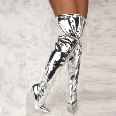 Women Boots Mirror Platform Pointy Toe  High Thin Heels Over