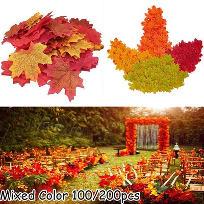 100/200Pcs Artificial Silk Maple Leaf Autumn Fake Leaves Gar