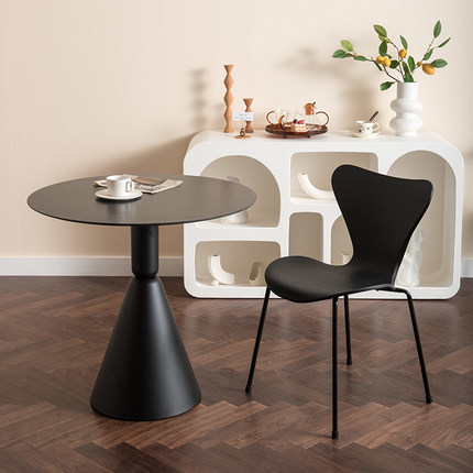 德宜客意式黑色小圆桌家用餐桌商用洽谈阳台桌白色岩板咖啡厅桌子