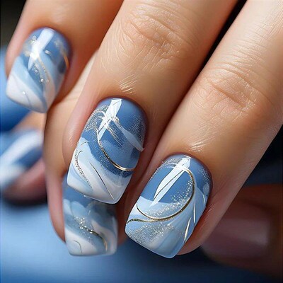 24pcs Short Square False Nails Glitter Flower Wave French Fa