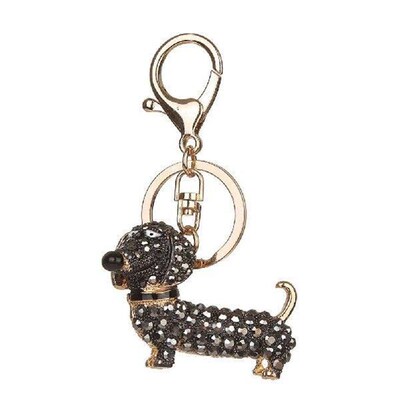 Sausage Dog Keychain Rhinestone Black Wallet Crystal Car