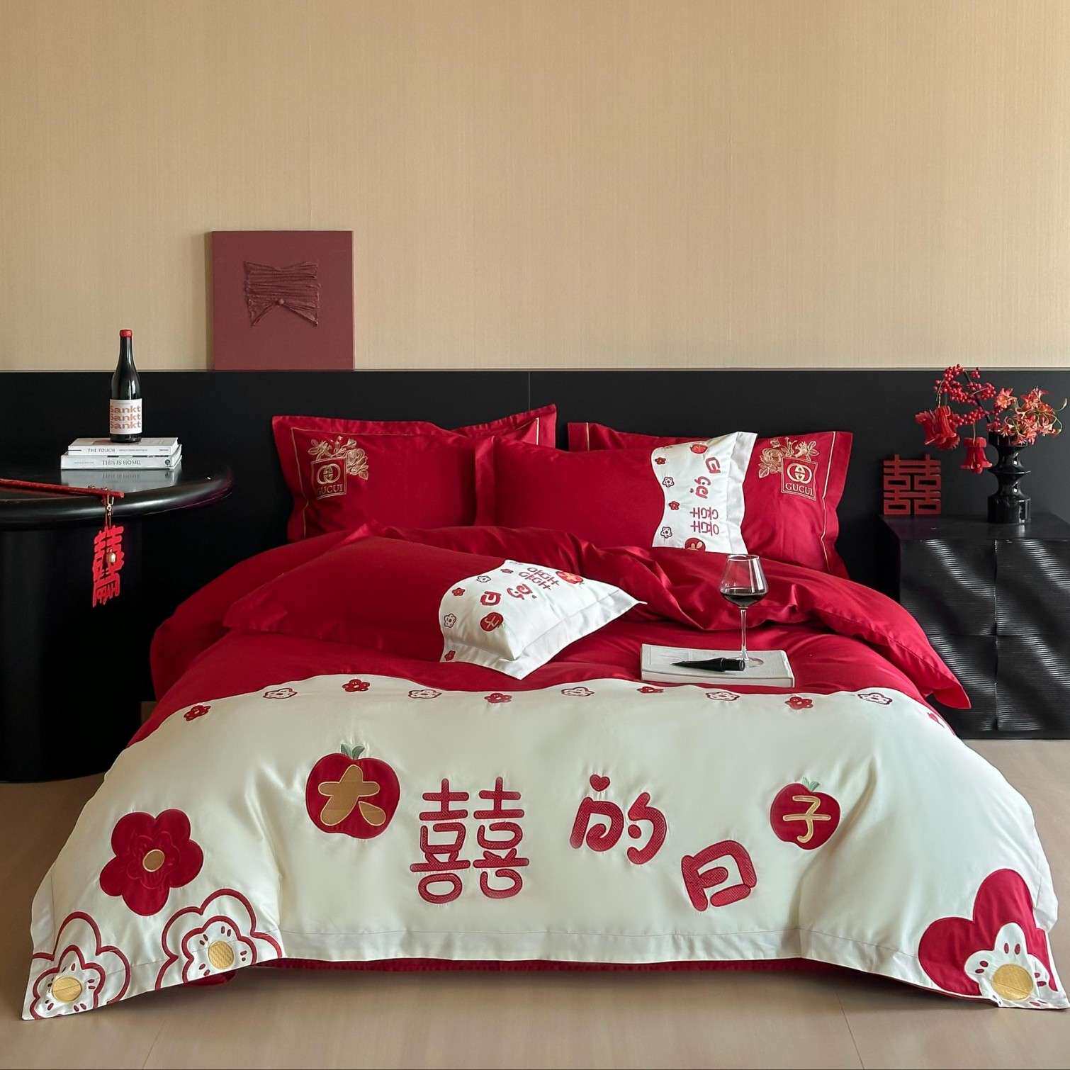 红色简约结婚四件套婚庆床上用品被套床单纯棉喜被全棉4件套年轻