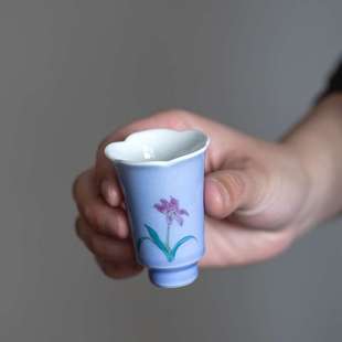 优茶道紫色手绘兰花主人闻香杯葵口陶瓷功夫聚香杯品茗杯单杯茶杯